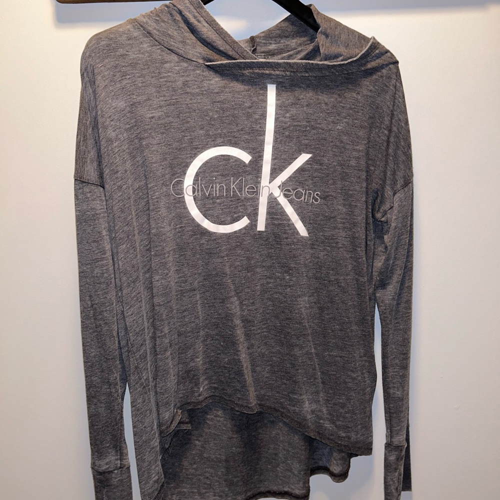 Size medium gray, long sleeve, Calvin Klein lightweight shirt with hood